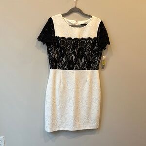 Preston & York Black and White Sheath Mini Dress with Lace Sleeves size 14 NWT